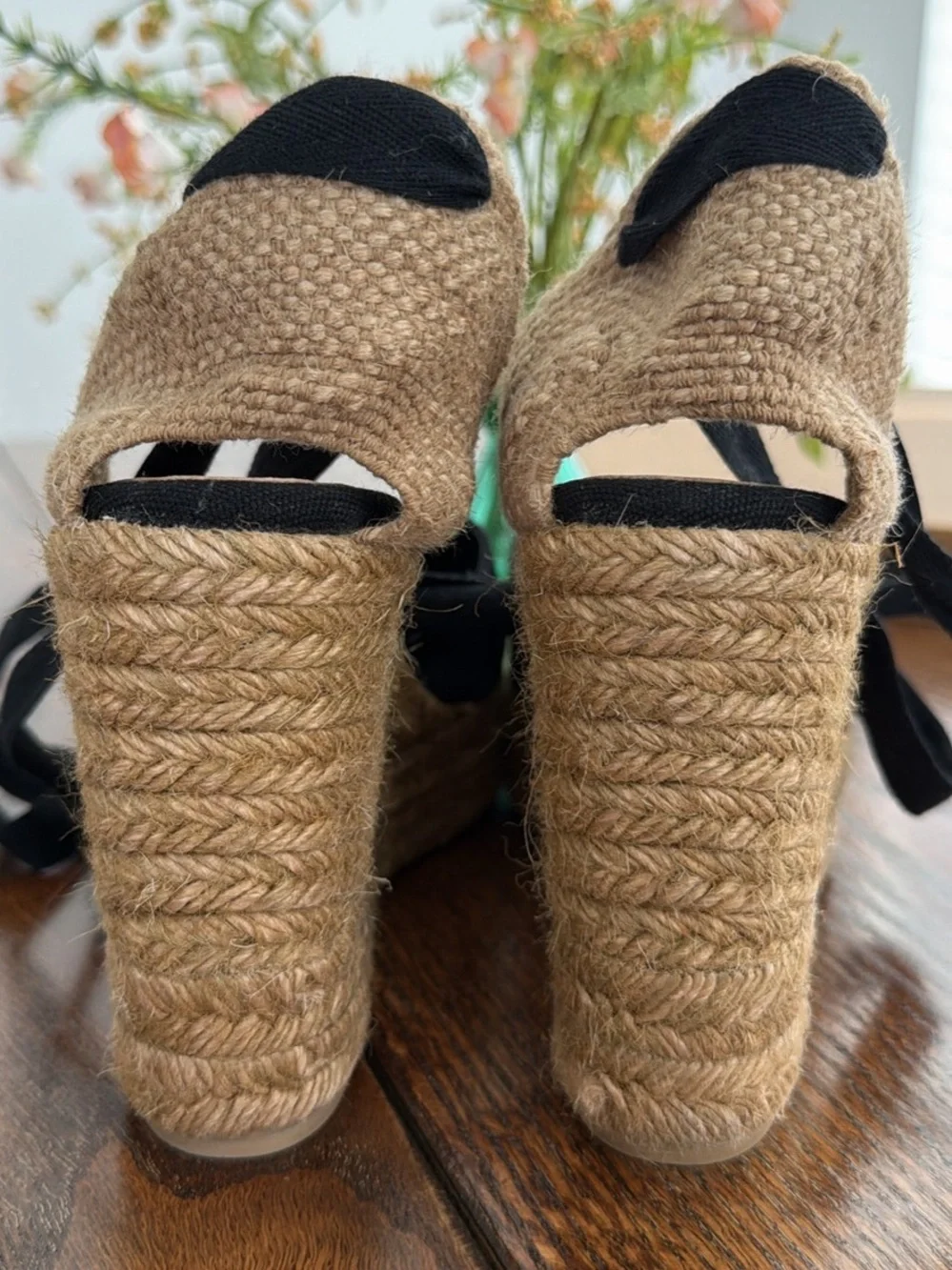 Castaner Black Canvas Espadrille Wedges with Jute Platform and Ankle Ties